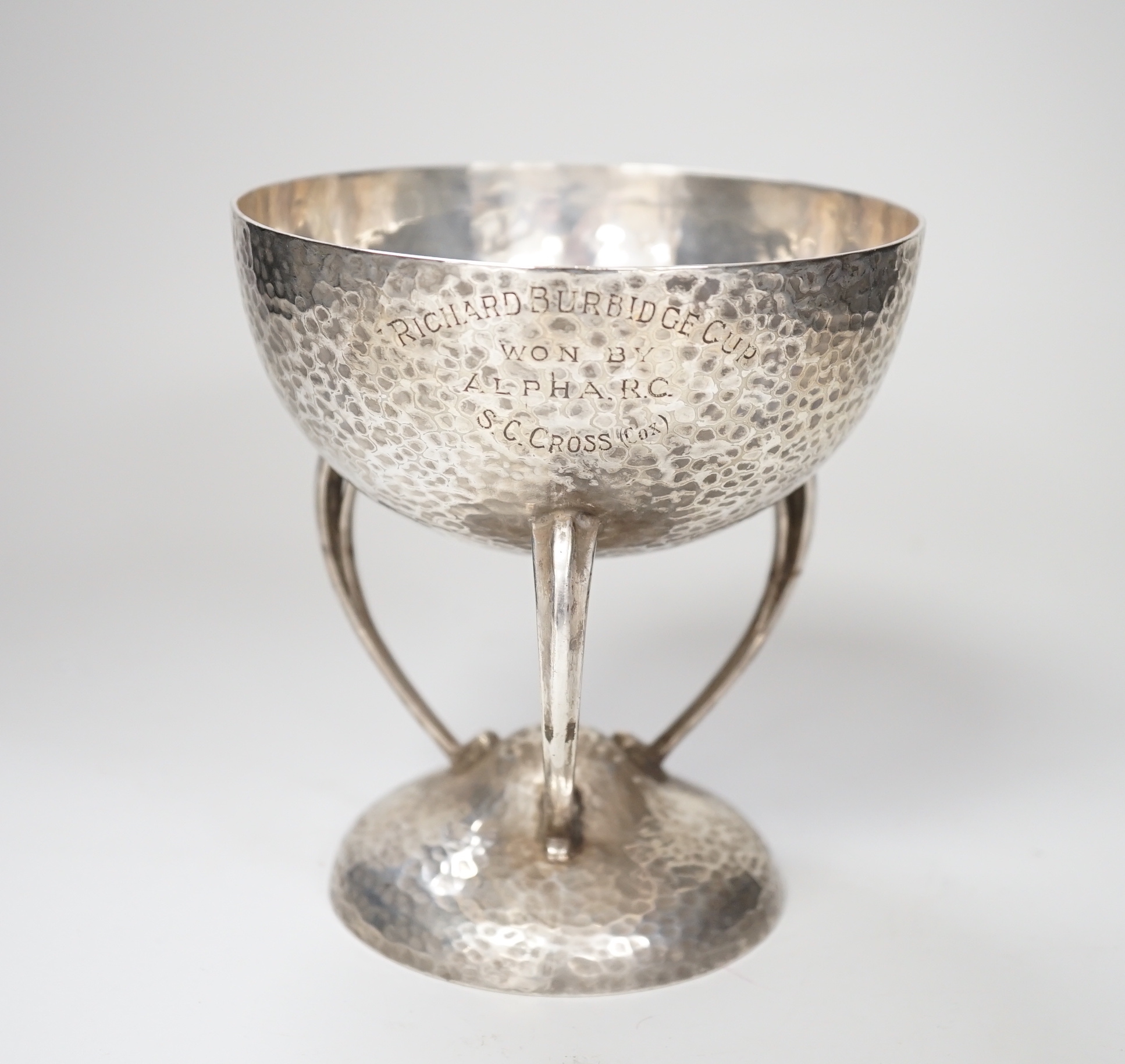 An Arts & Crafts hammered silver plated trophy, 1929 ‘The Richard Burbidge Cup’ Richard Burbidge was managing director of Harrods, 13.5cm